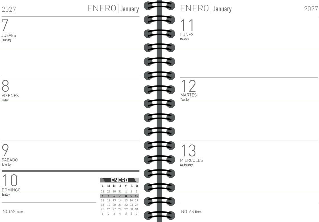 Interior de la agenda con vista semanal: los siete días al abrir