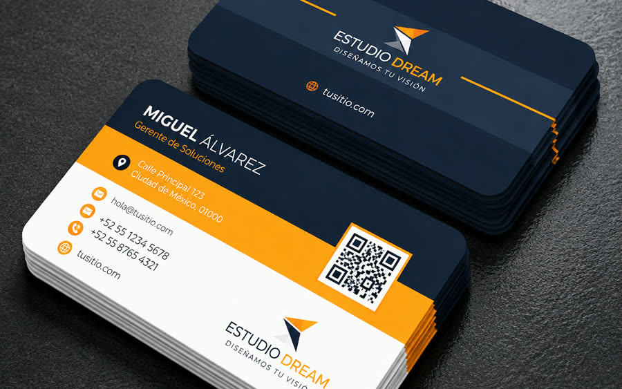 Tarjetas laminadas brillantes en naranja y azul